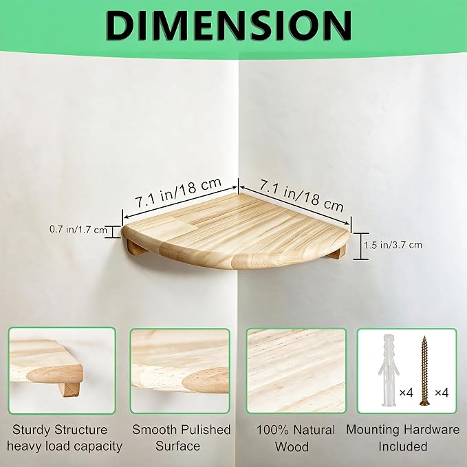 Solid Wood Floating Corner Shelf, 7.1 in Wall Mount Round End | Built-in wire hole, holds small decor, plants & speakers; ideal for bedroom, kitchen, living room