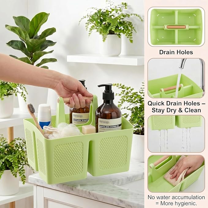 Plastic Green Shower Caddy Basket with 3 Compartments, Portable Divided Bathroom Cleaning Caddy Organizer Storage Tote with Handle for Dorm, College, Room Essentials