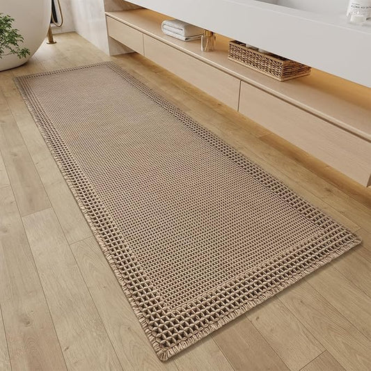 RESARE Waffle Bathroom Runner Rugs, Non Slip Boho Bath Mat 24"x60" Brown | Long Absorbent Bathroom Floor Mats Machine Washable Quick Dry, Soft Solid 2'x5' Bath Rugs with Tassels, Ideal Farmhouse Decor