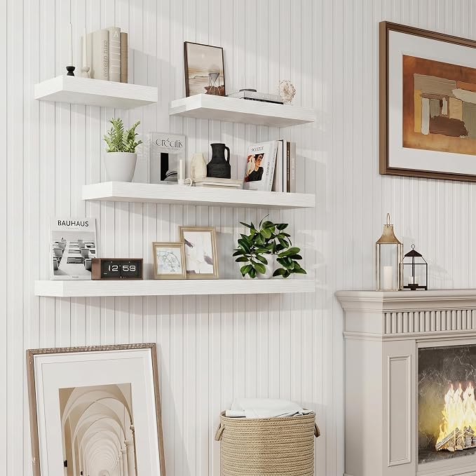 Marsmiles 9.25in Depth 24in Floating Shelves, 24x9.25x1.4, White, Set of 2 | Wall Mounted Engineered Wood Shelves, Invisible Brackets for Living Room, Bedroom, Bathroom, Kitchen Decor and Storage