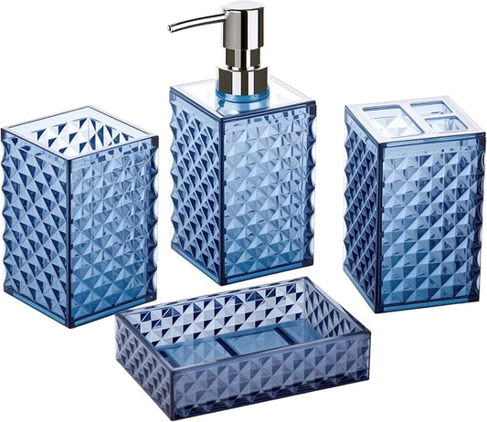 Blue Bathroom Accessories Set, 4 PCS Dark Navy Blue Bathroom Accessories Sets Complete, Diamond Pattern Bathroom Soap Dispenser and Toothbrush Holder Set, Boho Bathroom Décor and Accessories