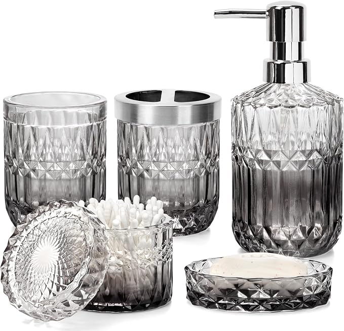 Bathroom Accessories Set, 5Pcs Bathroom Soap Dispenser Set, Glass Bathroom Accessories with Glass Soap Dispenser, Soap Dish, Toothbrush Holder, Tumbler, Cotton Swab Jar (Gradient Clear & Black)