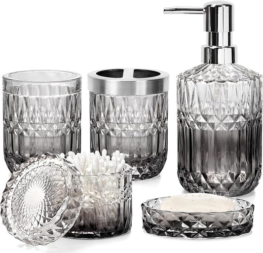 Bathroom Accessories Set, 5Pcs Bathroom Soap Dispenser Set, Glass Bathroom Accessories with Glass Soap Dispenser, Soap Dish, Toothbrush Holder, Tumbler, Cotton Swab Jar (Gradient Clear & Black)