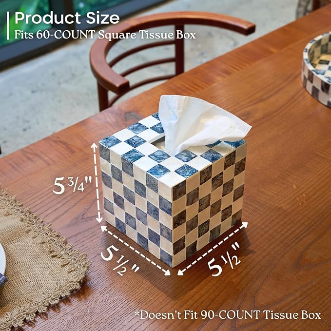 5.5" Capiz Square Tissue Box Cover, Cube Tissue Holder, Navy | Bottom Slider, Checkered Pattern, Navy Blue Tissue Box Cover For Kleenex, Decorative Tissue Box Cover, Bathroom Accessories