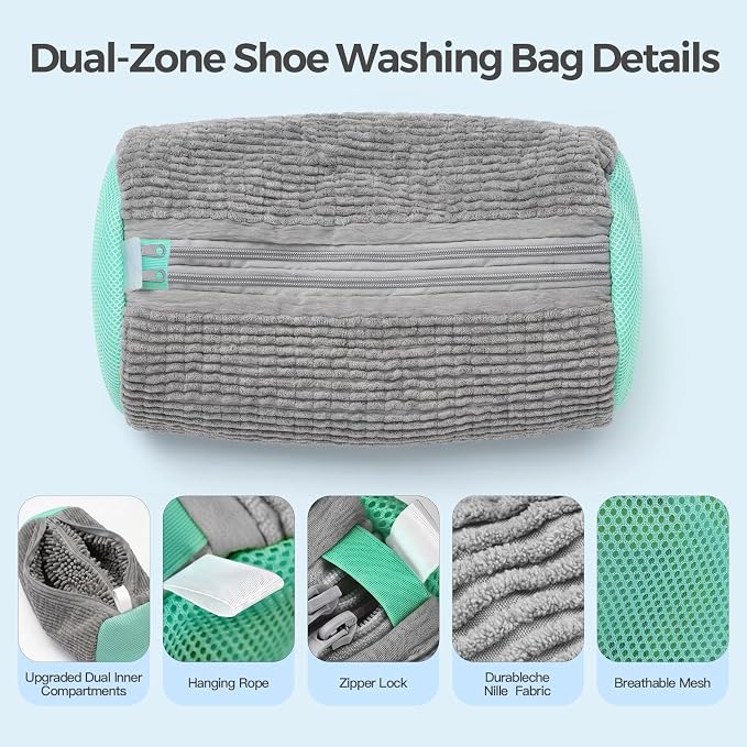 Dual Shoe Washing Machine Bag for Washer and Dryer Holds 2 Shoes (Gray) | Reusable Laundry Shoe Bag with Microfiber Brushes, 360° Deep Cleaning, Self-Locking Zipper,Sneaker Tennis Shoe Cleaning Bag