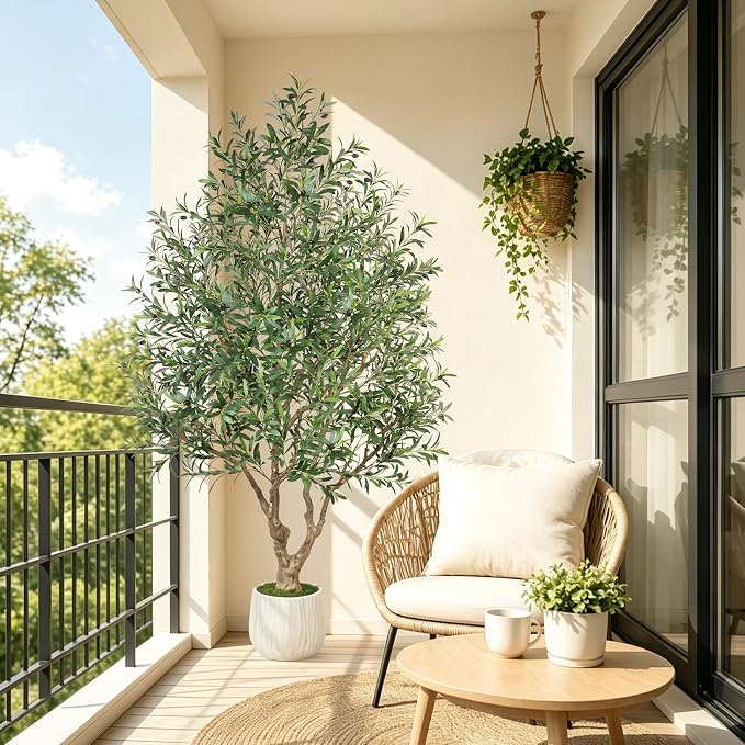 GTIDEA 8ft Artificial Olive Tree, Faux Olive Tree with White Planter | Lifelike Olive Foliage, Grand Complete Design Faux Olive Tree with Stable Solid Base for Living Room Office Indoor Home Decor