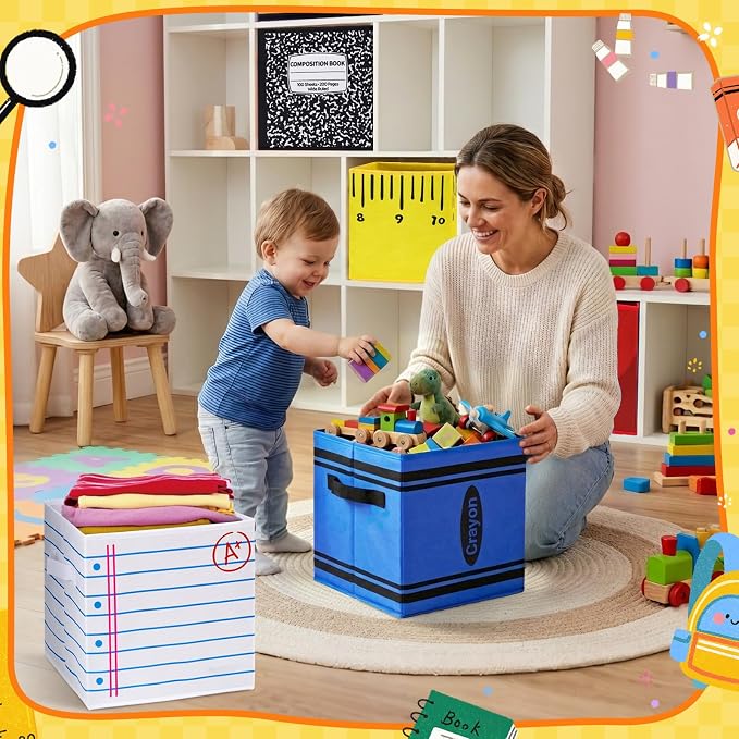6 Pcs 11in Fabric Storage Bins, Collapsible Cubby Baskets with Handles | Collapsible & flat‑fold, Side handles for easy tote, Colorful school prints, Classrooms, homes, daycares all work