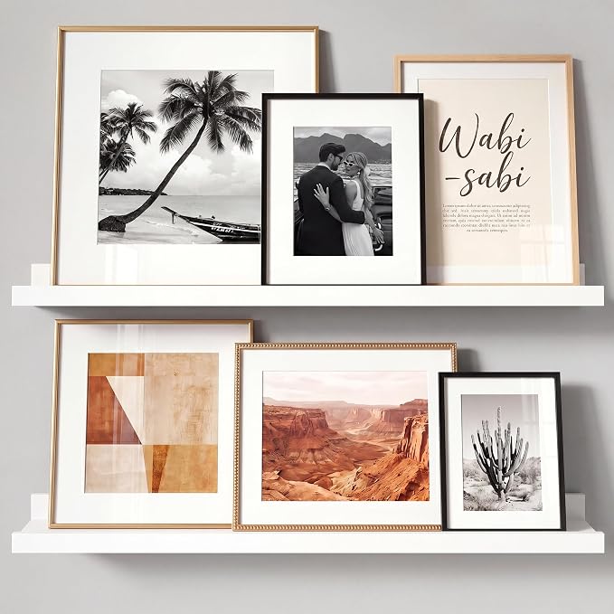 White Picture Ledge Shelves for Wall, 4.5" Deep Wood Floating Shelves with Lip for Bedroom, Living Room, 24" Width, Color White Set of 2