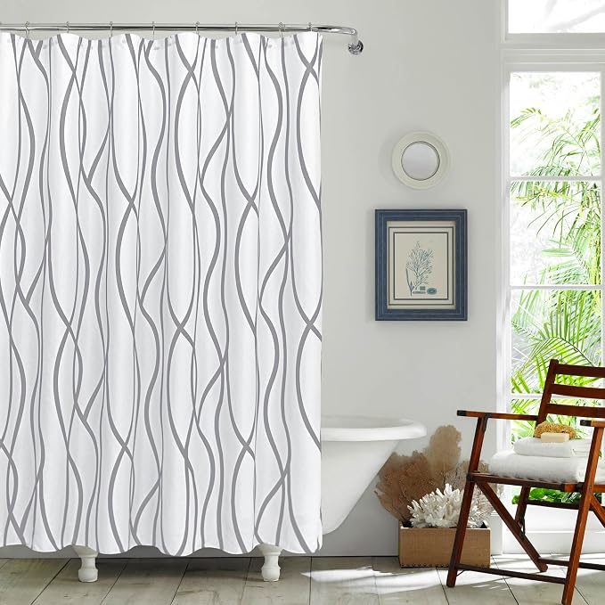Biscaynebay Textured Fabric Shower Curtain 72 Inches by 72 Inches, Silver Grey Striped Printed Linen Modern Hotel Luxury Quality Cloth Bathroom Curtains Machine Washable