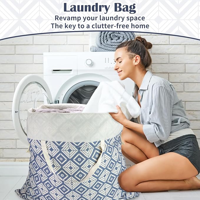 Canvas Laundry Bag with Handles & Drawstring, XL 33"Wx 35"H,Geometry Blue | Extra Large Heavy Duty Washable Basket Liner Hamper Liner Replacement, Thick Canvas Storage Sack, 1Pack