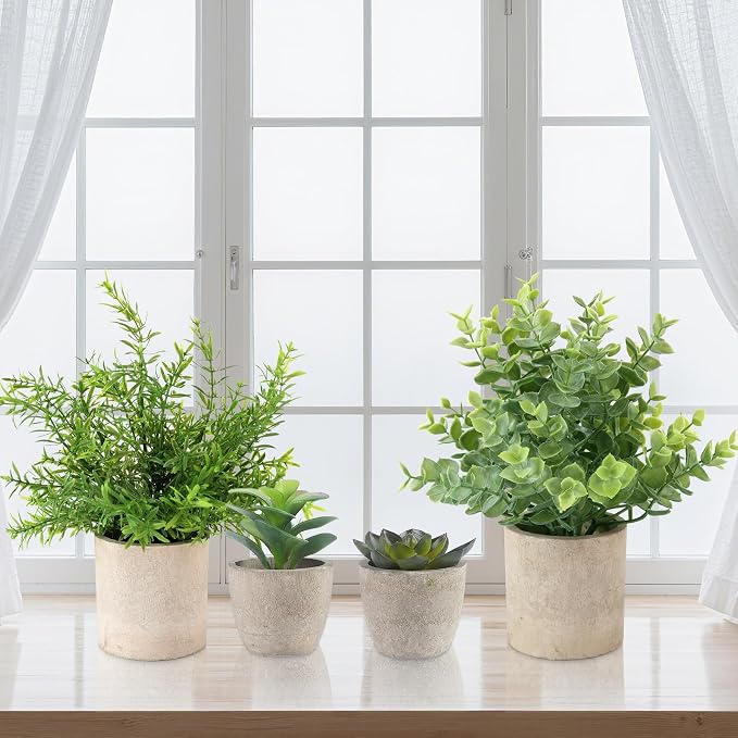 ALAGIRLS 4 Pack Small Fake Plants, 10" Artificial Plants Indoor | Eucalyptus/Rosemary/Succulents, Fake Plants for Farmhouse，Bathroom，Bedroom，Kitchen，Office Living Room Decor