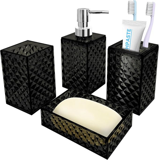 Bathroom Accessory Set, 4 PCS Black Bathroom Accessories Set | Soap Dispenser and Toothbrush Holder Set, Soap Dish and Mouthwash Cup, Boho Bathroom Decor, Plastic Bathroom Sets Accessories