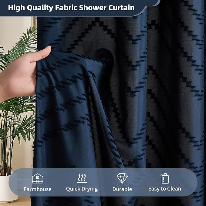 Siiluminisoy Extra Long Boho Navy Blue Shower Curtain, Woven Fabric Shower Curtain, Tufted Chevron Striped, 72 x 78, Modern Chic Textured Minimalist Bathroom Cloth Shower Curtains