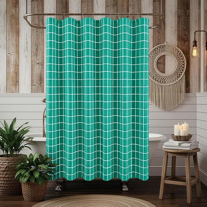 Biscaynebay Fabric Shower Curtain for Bathroom-Modern Farmhouse Faux Linen Textured Grid Plaid Shower Curtains, Minimalist Simple Geometric Neutral Decor Machine Washable-70x72 Inches Turquoise