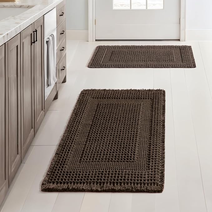 MIULEE Set of 2 Waffle Bathroom Rugs Chocolate Boho Bath Mat 17x24 in | Looped Design, Super Absorbent, Non Slip, Washable, Ultra Soft, Rubber Backed, Bathroom Mats for Floor Tub Shower