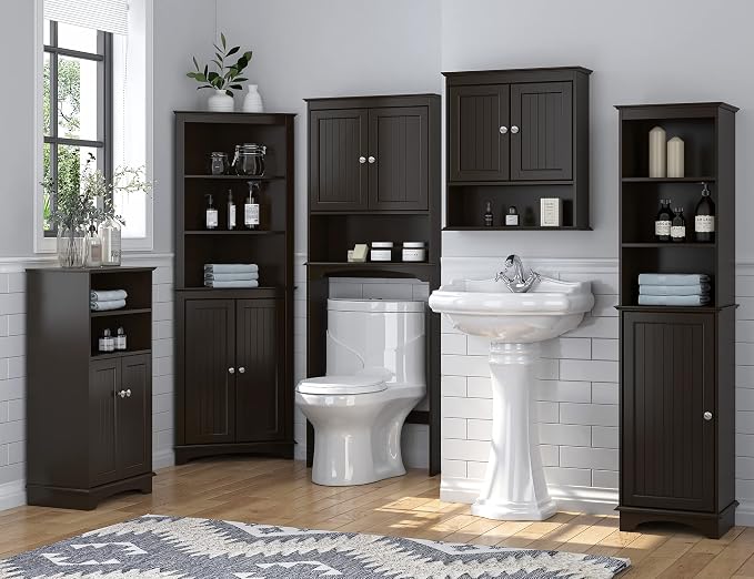 Spirich Bathroom Wall Cabinet Over Toilet, Small Medicine Cabinet Espresso | FSC-Certified MDF, Adjustable Shelf, Easy Assembly, Space-Saving Open & Concealed Storage for Toiletries, Towels, And Decor