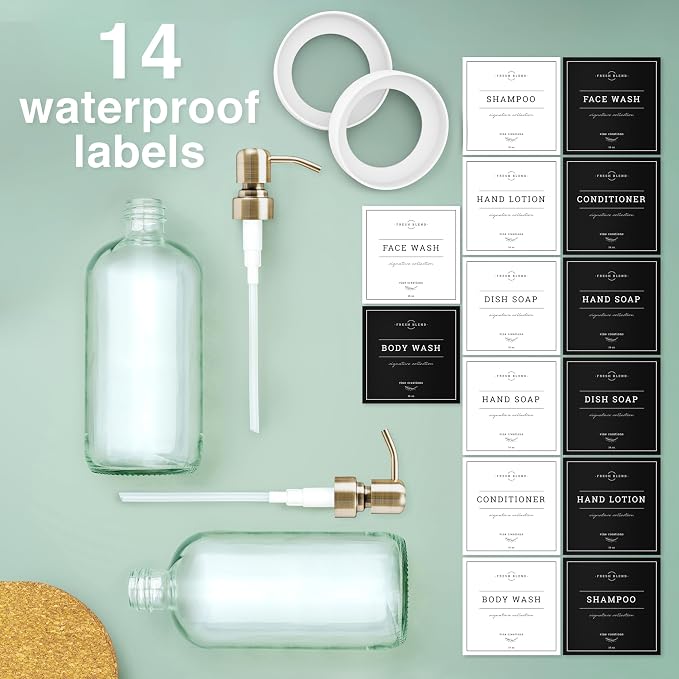 Vine Creations Clear Glass Soap Dispenser, 2 Pack Kitchen Soap Dispenser Set with Stainless Steel Pump, 16 oz Dish Soap and Hand Soap Dispensers for Bathroom with Waterproof Labels