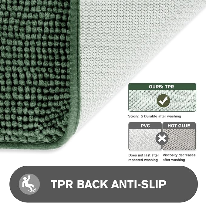 Hunter Green Bathroom Rugs – Absorbent and Washable Bath Mat, Non-Slip, Thick Soft Chenille Bath Rugs for Bathroom Floor, Shower, Sink - 20" x 32"