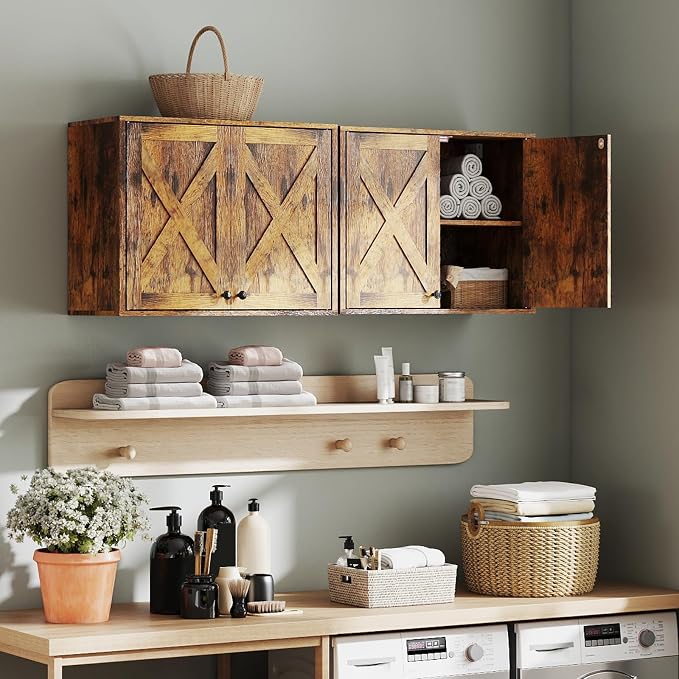 YOURLITE Laundry Cabinet, Medicine Cabinet, Bathroom Kitchen Storage Wall Mounted Farmhouse Organizer with Shelves Over Toilet, One Set of 2 Pieces X 24"