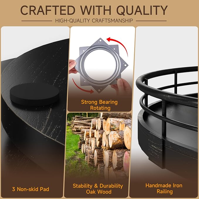 AMH 10-Inch Oak Lazy Susan Vanity Tray with Black Brushed Gold Rail | Smooth rotating oak tray with walnut finish for dining tables, kitchen counters, pantries and cabinet storage.