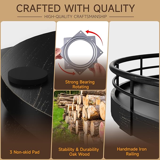 AMH 12-Inch Oak Lazy Susan Vanity Tray with Black Brush Gold Metal Rail | Smooth rotating oak tray with walnut finish for dining tables, kitchen counters, pantries and cabinet storage.