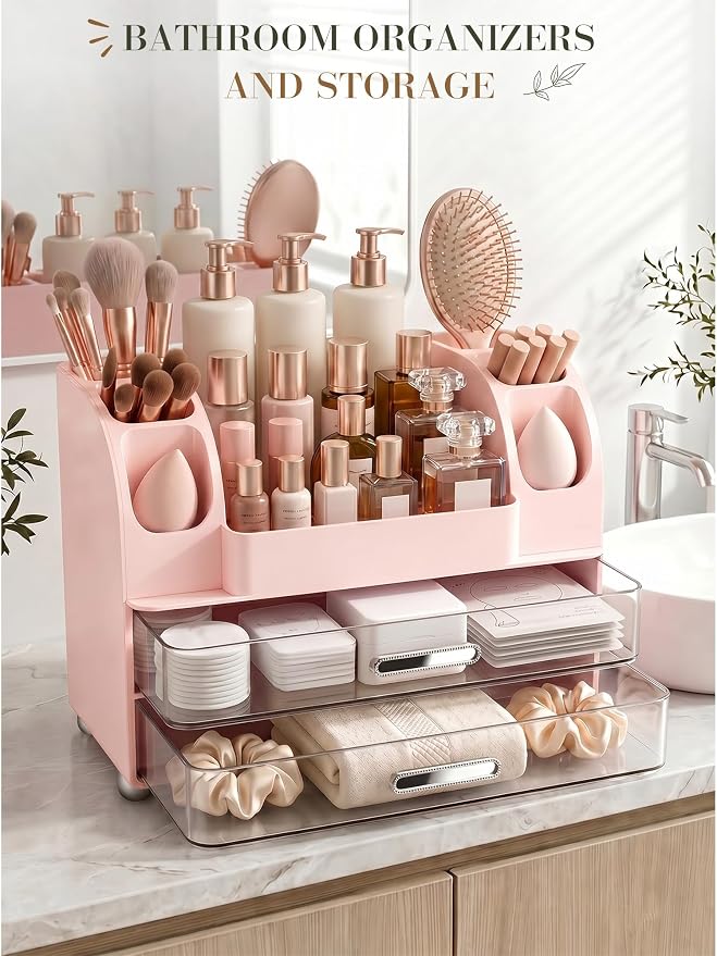 Large Makeup Organizer Countertop for Vanity Skincare Organizers | Waterproof Perfumes Organizers with 2 Drawers and Brushes Holders, Cosmetic Storage for Lipsticks,Eyeshadow Palettes, Pink