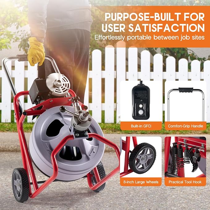 Albott 100 FT x 3/8 Inch Electric Drain Cleaner Machine | Auto-Feed Sewer Snake Auger for 1-4 Inch Pipes, with 9 Cutters, Wheels and Foot Switch, Gray/Red
