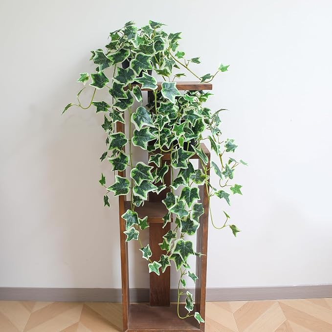 Fake English Ivy Plants in Pots Set of 2 – Realistic Artificial Ivy Greenery for Home Decor, Tabletop, Office, Shelf, Balcony, Lifelike Faux Hanging Vines, No Maintenance Required - White and Green