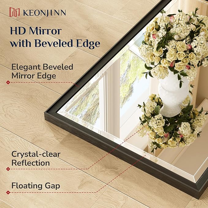 Keonjinn 48" x 24" Black Framed Mirror for Over Sink, Safe Tempered Glass | Aluminum Alloy, Effortless French Cleat Installation, Vertical/Horizontal, Rectangle Wall Mirror for Bathroom, Hallway Decor