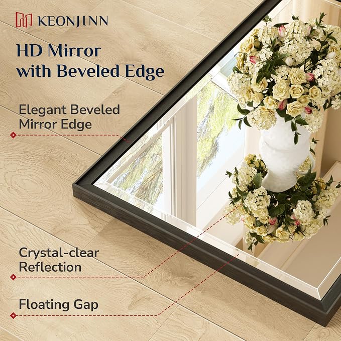 Keonjinn 48" x 36" Black Framed Bathroom Mirror, Rustproof Aluminum Alloy | HD Tempered Glass with Beveled Edge, Secure French Cleat Installation, Large Black Bathroom Vanity Mirror for Over Sink