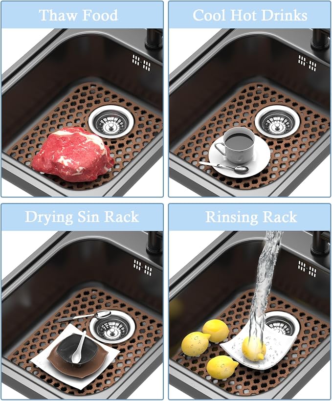 2 Pack Silicone Sink Protector Mat for Kitchen Sink Rear Drian Coffee | 13-9/16" x 11-5/8" Non-Slip Heat-resistant and Durable Silicone Grid