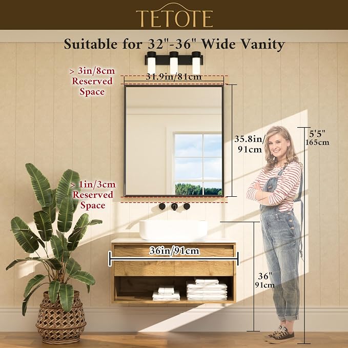 Black Framed Mirror for Bathroom Vanity 32" x 36" Matte Black Rectangle Beveled Frame Wall Mirror for Over Sink, Tempered Glass, Modern Farmhouse Bedroom, Entryway, Living Room