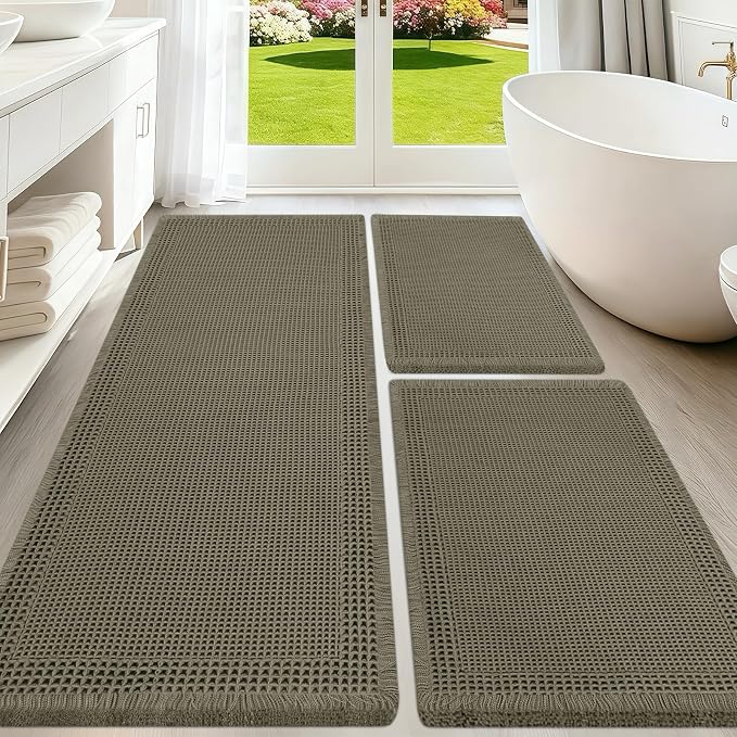Upgraded Waffle Bath Mat Set 3 Piece Greyish Green-Bordered, Super Absorbent Non-Slip Quick Dry Bathroom Rugs with Tassels, Machine Washable Ultra Soft Boho Bath Rugs, Toilet Mats Boho Farmhouse Decor