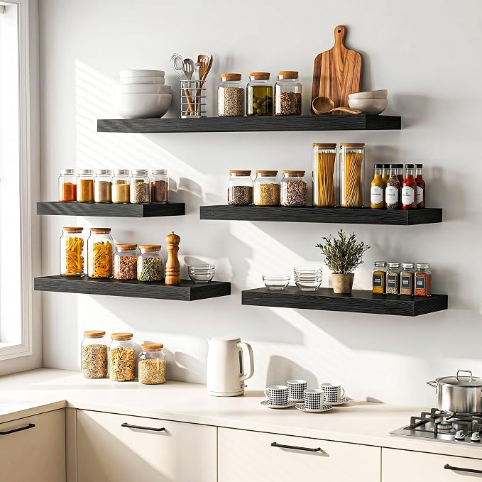 Heimlove 16 inchs Floating Shelves for Wall Set of 2,Black Shelf for Small Bathroom,Bedroom,Living Room,Kitchen,Modern Home Decor,Rustic Farmhouse Wall Shelves with Invisible Brackets