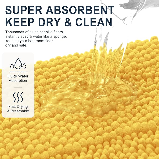 Smiry Thick Chenille Bathroom Rugs 36x24, Soft Absorbent Bath Mat, Yellow | Quick‑Dry & Machine Washable, Non‑Slip Bath Carpet, Striped Bath Rugs for Tub & Shower, Modern Home Decor Accessories