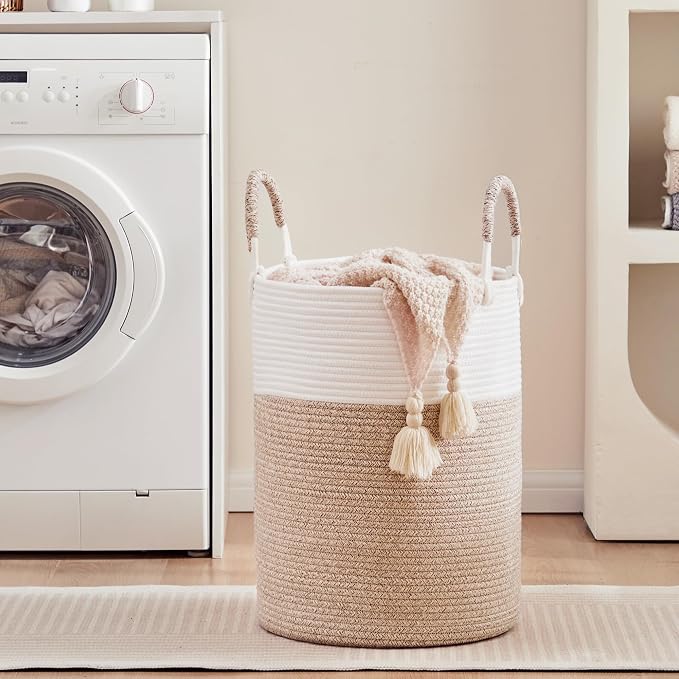 60L Hamper Laundry Basket Tall Woven Rope Clothes Hamper Brown | Baby Girls Nursery Kids Blanket Basket in Living Room Bathroom Bedroom 15Dx20H Inches Large