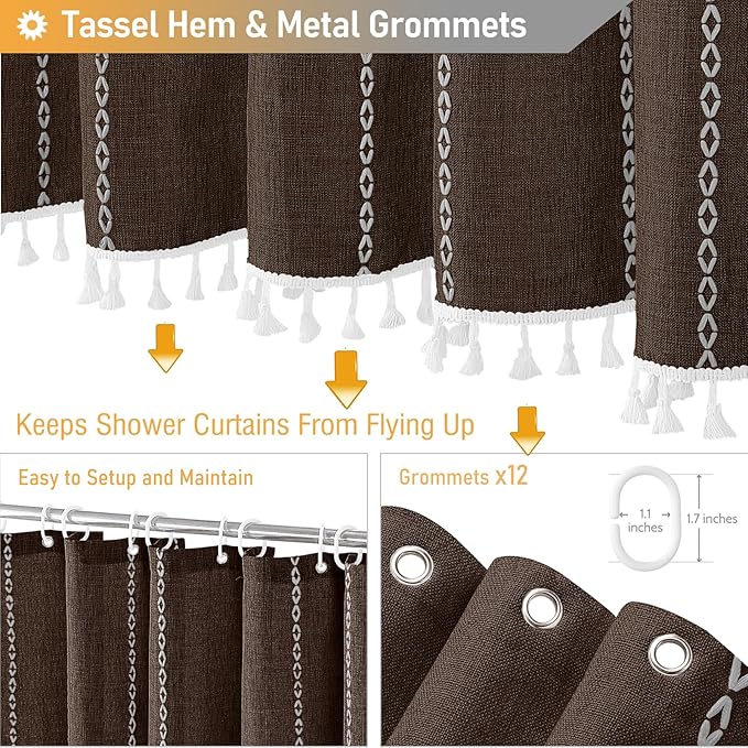 72x96 Extra Long Boho Linen Heavy Duty Cloth Shower Curtain Set, Brown | Extra Tall Size, 330GSM Linen Blend, Water Repellent, Vintage Striped Fabric, 12 Hooks, Rustic Country, Machine Washable