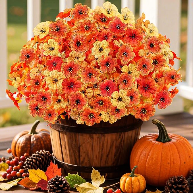 16PCS Artifcial Fall Flowers for Outdoor Decorations, Mix Orange | Realistic Orange Autumn Artificial Flowers, Porch Yard Fall Decor, Thanksgiving & Harvest Home Decorations
