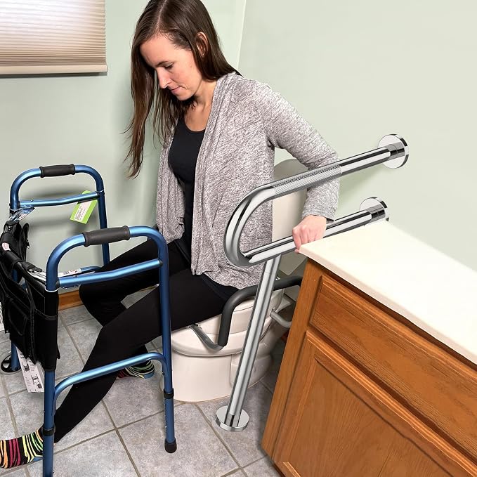 Toilet Support Rail 24x28 Inch, Munzong Anti-Slip Chrome Handicap Grab Bar | Stainless Steel Knurled Safety handrails with Leg for Bathroom Elderly Disabled Pregnant-1.25’Tube