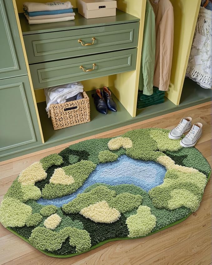 DEXI Cute Moss Bath Mat, Green Oval Bathroom Rugs, 32x20 | Soft and Absorbent Microfiber, Non Slip, Machine Washable Bathmat for Shower Floor, Bedroom, Kids Room, Home Decor