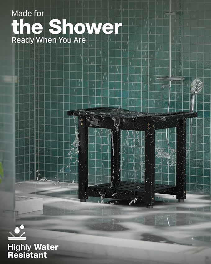 Bluewest 23.4 Inch Shower Bench Seat with Storage Shelf and Handle, Black | Waterproof Bathroom Spa Bench for Sitting Inside the Shower and Shaving Legs, with a Built-In Handle and Shower Head Holder.