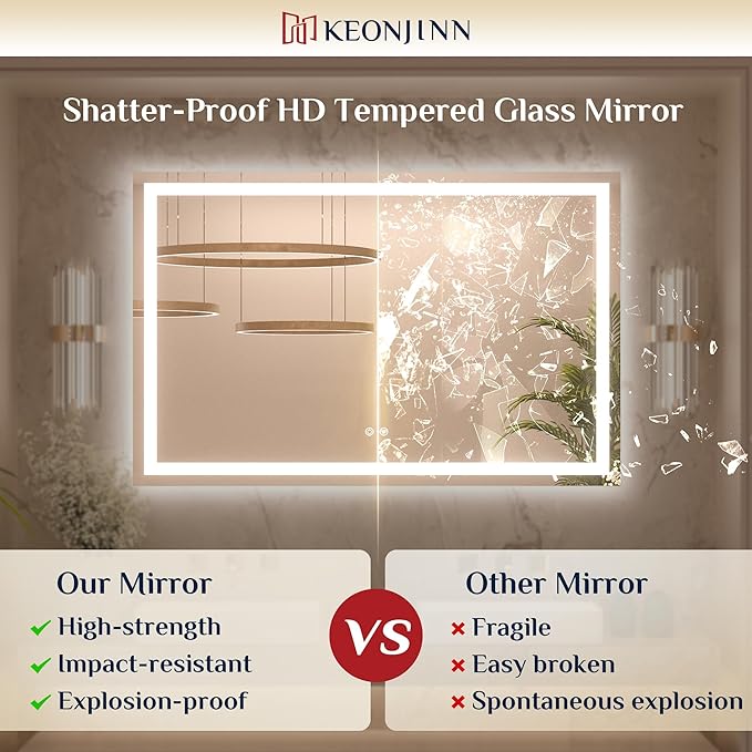 Keonjinn 48x24 Inch LED Bathroom Mirror with Lights, Frontlit & Backlit | HD Tempered Grass, 3-Color Temperature & Stepless Dimmable Lighting, Fast & Safe Defogging, Effortless Installation