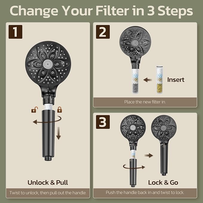 6-Setting Filtered Handheld Shower Head, JDO High Pressure Shower Head with Replaceable Filter Cartridge 4.7 Inch Detachable Showerhead for Chlorine Hard Water Removal, 59 Inch Stainless Steel Hose