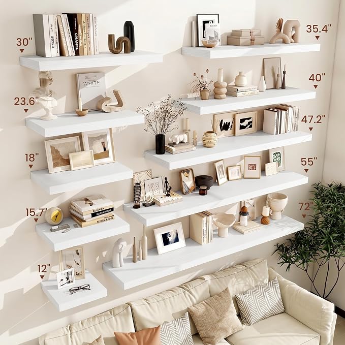 Vivelove Deep Floating Shelves 40x12” Set of 2, White | Easy Install With Hardware, 2" Thick, Invisible Brackets, Wall Mounted, No Sagging, For Any Room
