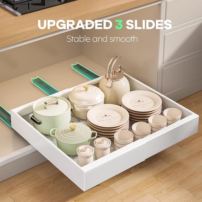 Seinloes 6 Pack Pull out Cabinet Organizer 21"Deep with Raising Pad for Framed Cabinets, Expandable Slide out Drawers for Kitchen Cabinets with 6pcs Divider Racks, Roll out Shelves 12.1"-20.4" W White