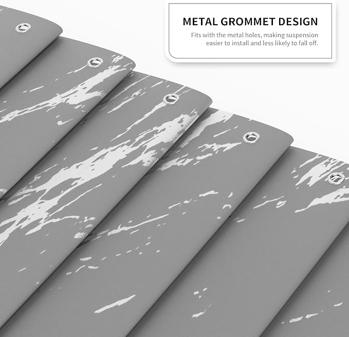 Gray Marble Shower Curtain Set with Silver Metal Hooks, Fabric Shower Curtain for Bathroom, Modern Luxury Bathroom Curtain, Water-Resistant Polyester Bath Curtain, 72 x 72 Inches