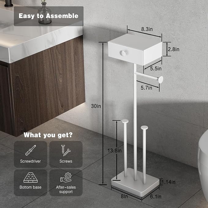 VOLDRA Toilet Paper Holder Stand with Shelf, Free Standing Toilet Paper Roll Holder with Wipes Storage Drawer Heavy Duty Floor Bathroom Tissue Holder Freestanding No Drill Tp Holder for 7 Rolls(White)