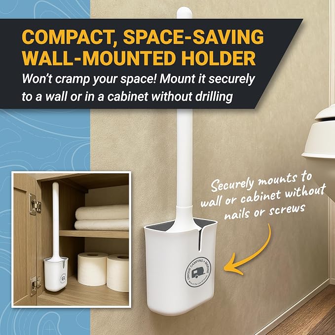 Unique Silicone RV Toilet Brush with Compact Holder | Non-scratch silicone bristles for RV toilet bowl cleaning; wall-mount no-drip holder saves camper bathroom space