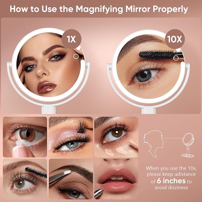 Rechargeable Lighted Makeup Mirror, 10X Magnification, 7 Inch | 3 Adjustable Light Colors, Rechargeable Cordless Design, Adjustable Height, Storage Base with Phone Holder,Touch Control