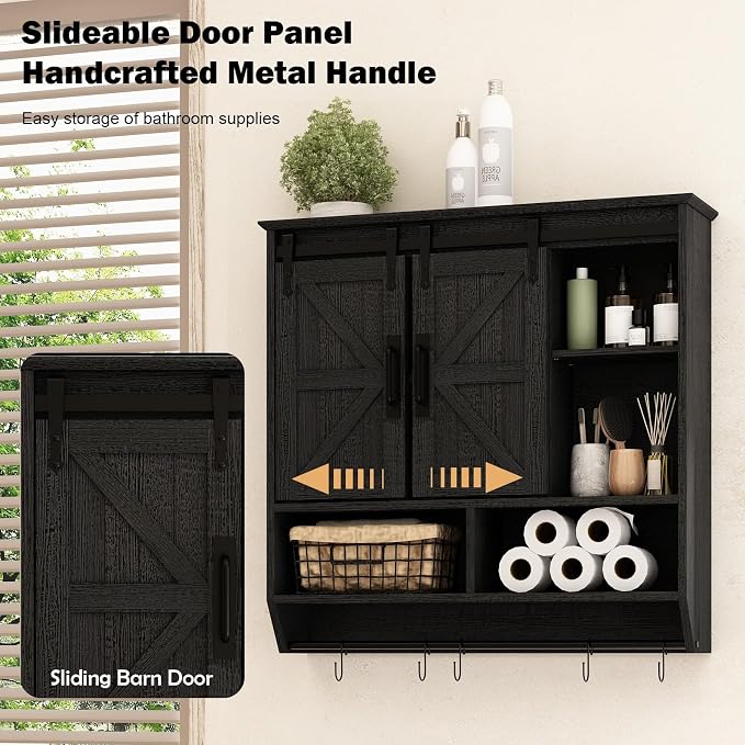 RUSTOWN Farmhouse Bathroom Wall Storage Cabinet with Sliding Barn Doors | 3-Tier, Rustic Wood Wall Mounted Cabinets, Vintage Medicine Cabinet, Adjustable Shelves, Over The Toilet Storage Cabinet